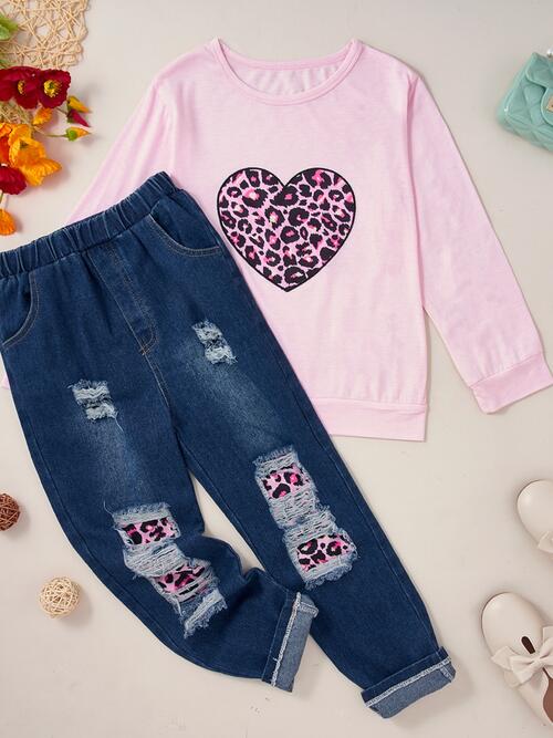 Leopard Heart Graphic Top and Pants Set Girls Fashion Kids Clothing Matching Outfit Set