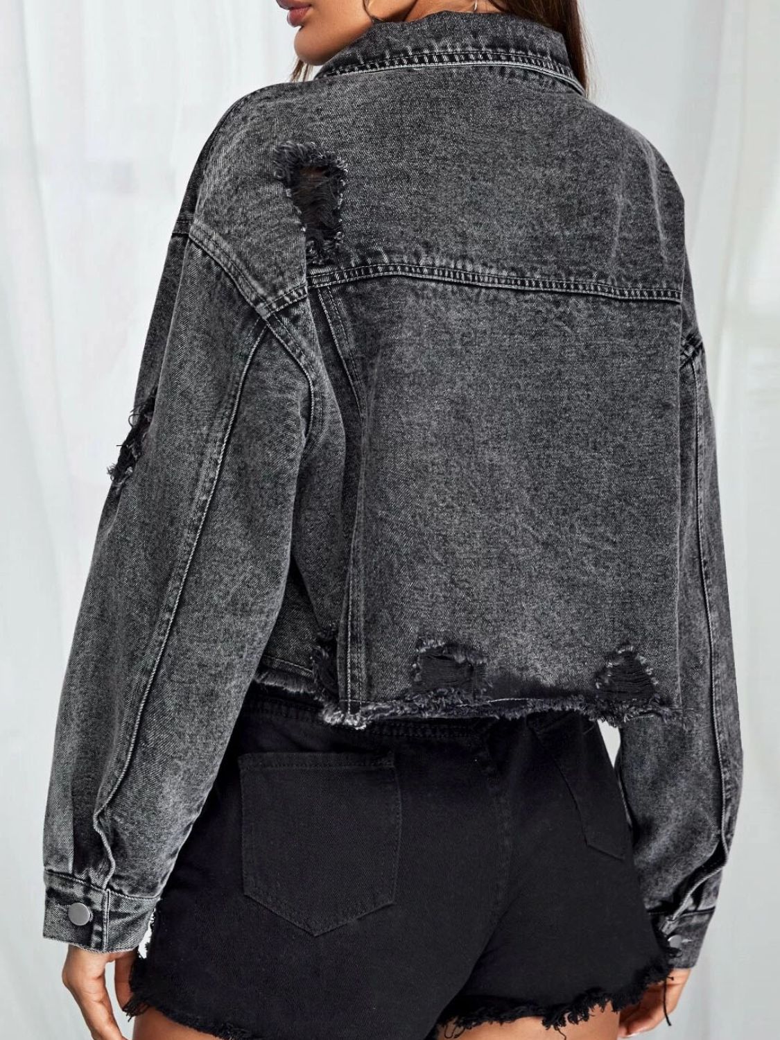 Collared Neck Dropped Shoulder Button-Down Denim Jacket