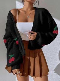 Fashion Sweater Cherry Graphic Open Front Dropped Shoulder Cardigan