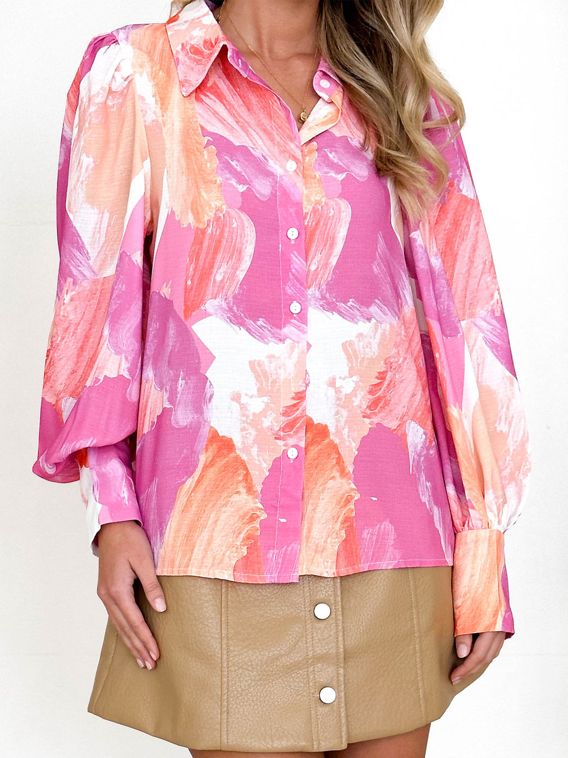 Printed Button Up Lantern Sleeve Shirt