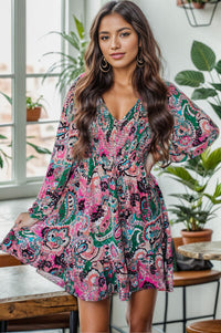 Paisley Printed V-Neck Long Sleeve Casual Mini Dress New Womens Fashion