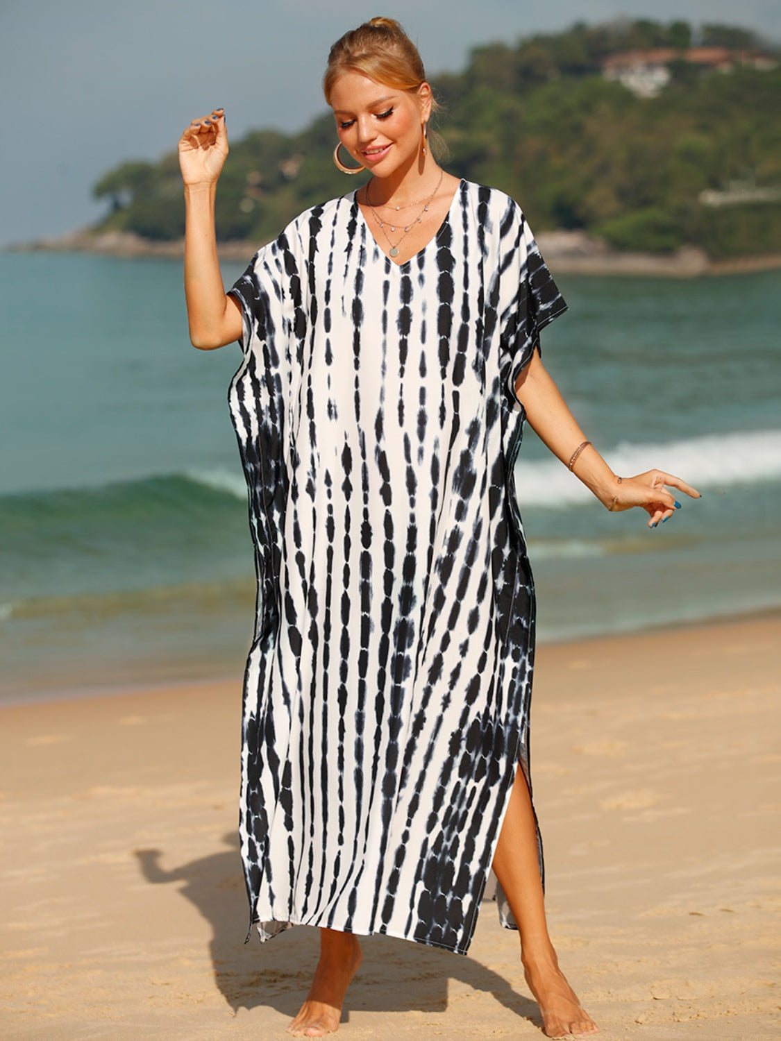 Swimsuit  Cover-Up  Dress Oversized Tunic Beach Dress Boho Fashion Tie-Dye V-Neck Half Sleeve Cover-Up