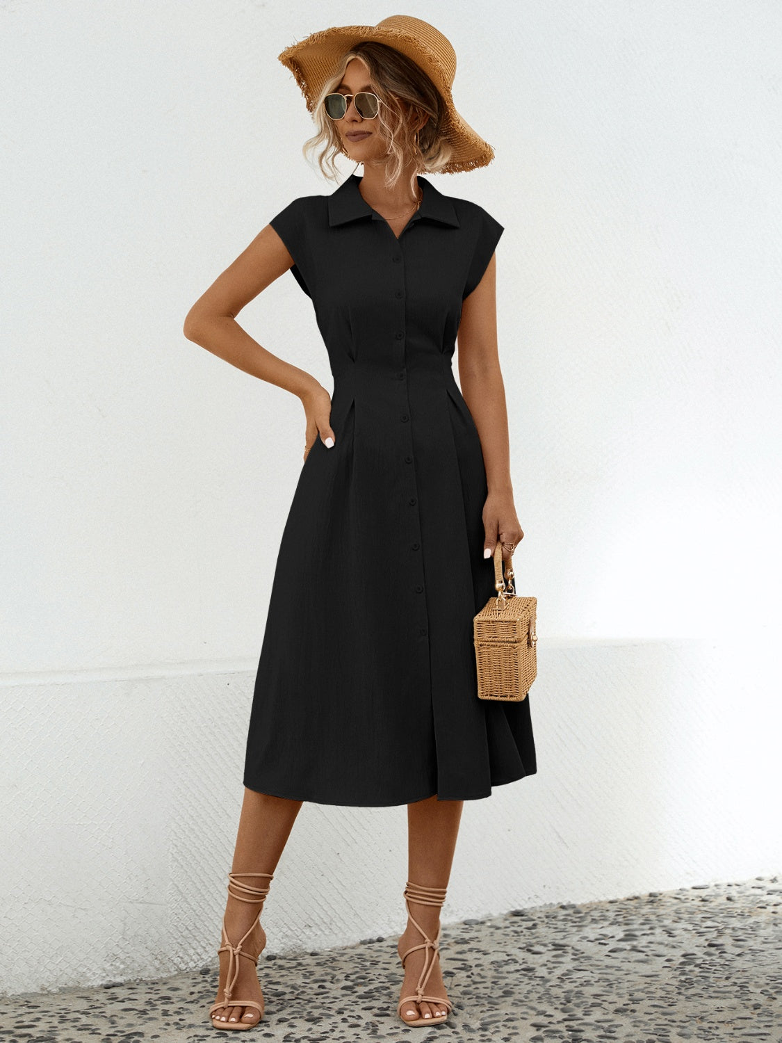 Casual Back Tie Short Sleeve Collar Dress New Women's Fashion Button Up Cap Sleeve Midi Dress