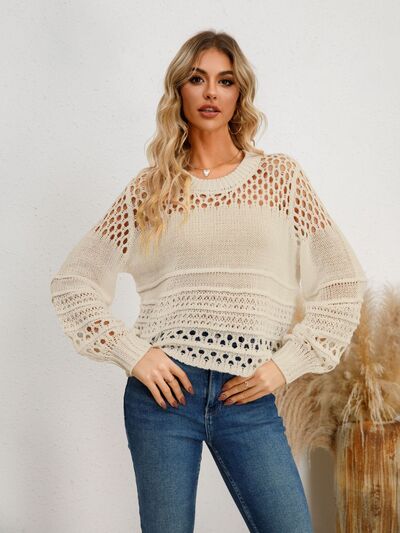 Womens Crochet Sweater Long Sleeve Casual Cutout Round Neck Knit Top