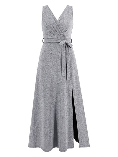 Event Elegant Slit Surplice Tie Waist Sleeveless Midi Maxi Dress