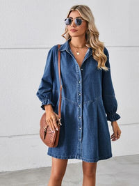 Long Sleeve Short Denim Dress Casual Women's fashion Button Up Flounce Sleeve Mini Denim Dress