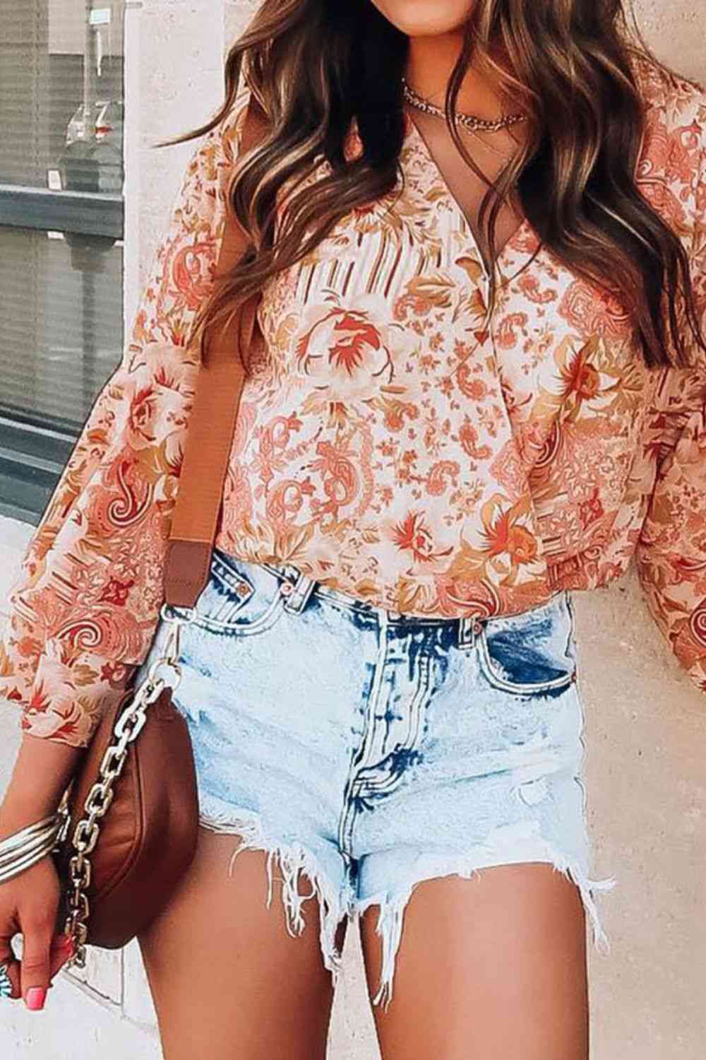 Fashion Bodysuit Boho Floral Surplice Flare Long Sleeve Womens Top