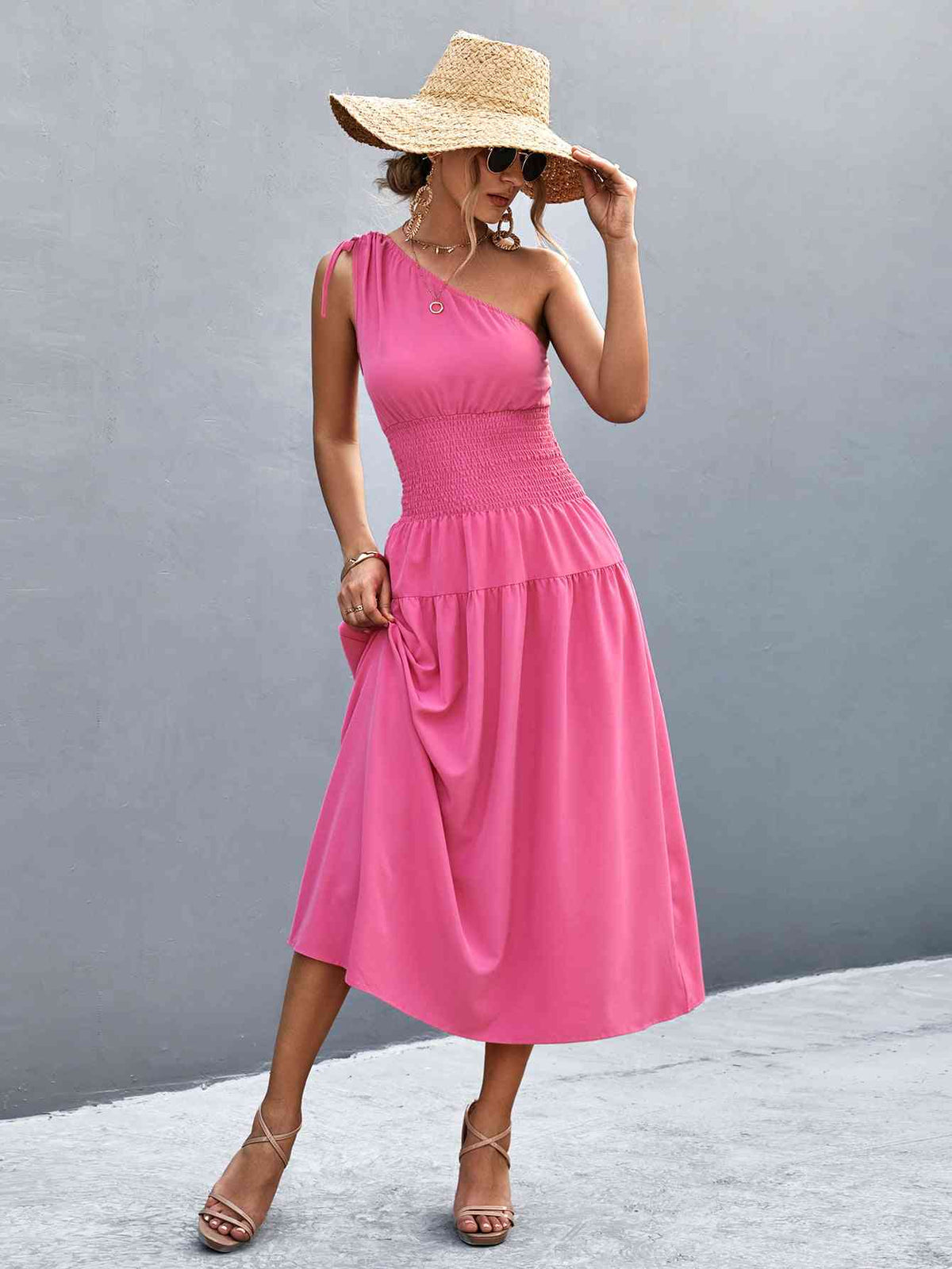 Women's Casual Maxi Dress Asymmetrical One Shoulder Smocked Waist Midi Dress