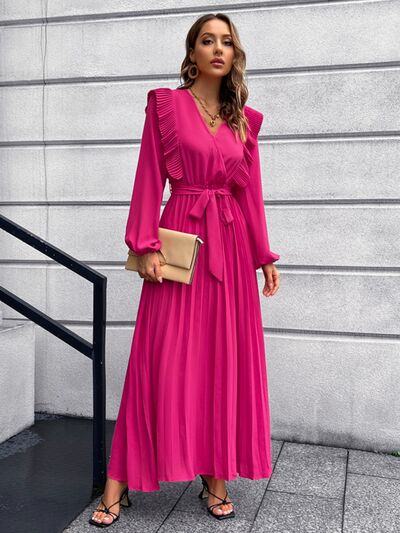 Long Sleeve Maxi Dress Pleated Surplice Waist Tie Midi