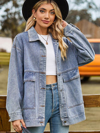 Collared Neck Button Up Denim Jacket - Shacket