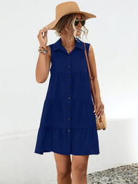 Solid Color Casual Short Dress Women's Fashion Button Up Sleeveless Mini Dress