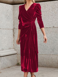 Surplice Puff Long Sleeve Velvet Waist Tie Wrap Midi Dress