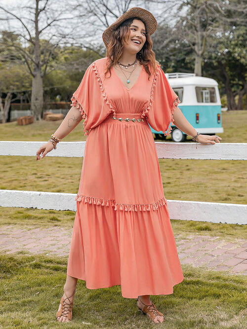 Plus Size Dress, Tassel Trim V-Neck Short Sleeve Ruffle Hem Dress