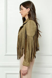 KESLEY Suede Fringe Long Sleeve Moto Jacket