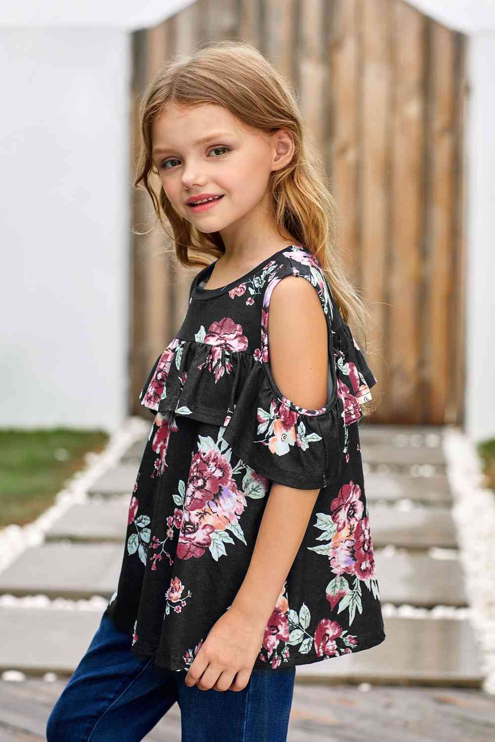 Girls Floral Cold-Shoulder Ruffled Top Kid's Fashion