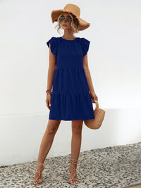 Solid Color Casual Short Sleeve Short Dress Women's fashion Ruffled Round Neck Cap Sleeve Mini Dress