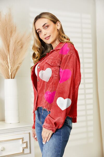 Heart Sequin Dropped Shoulder Denim Fashion Light Cotton Jacket