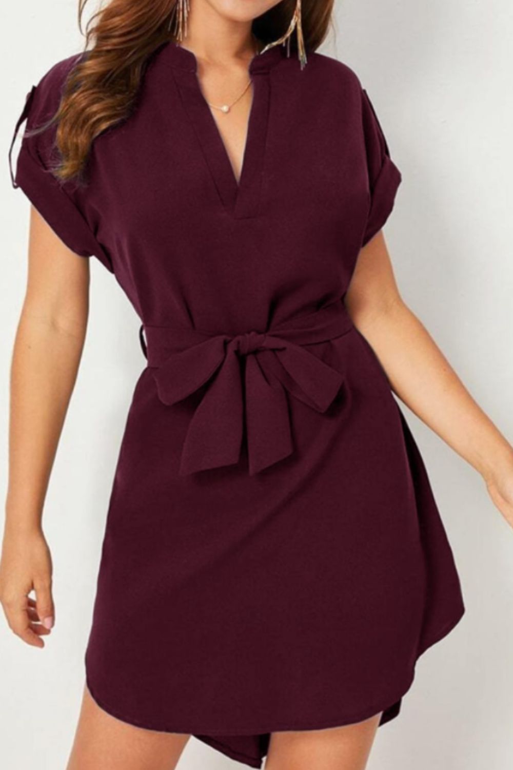 Women's Work Dress Casual Solid Color V Neck Waist Tied Notched Short Sleeve Dress