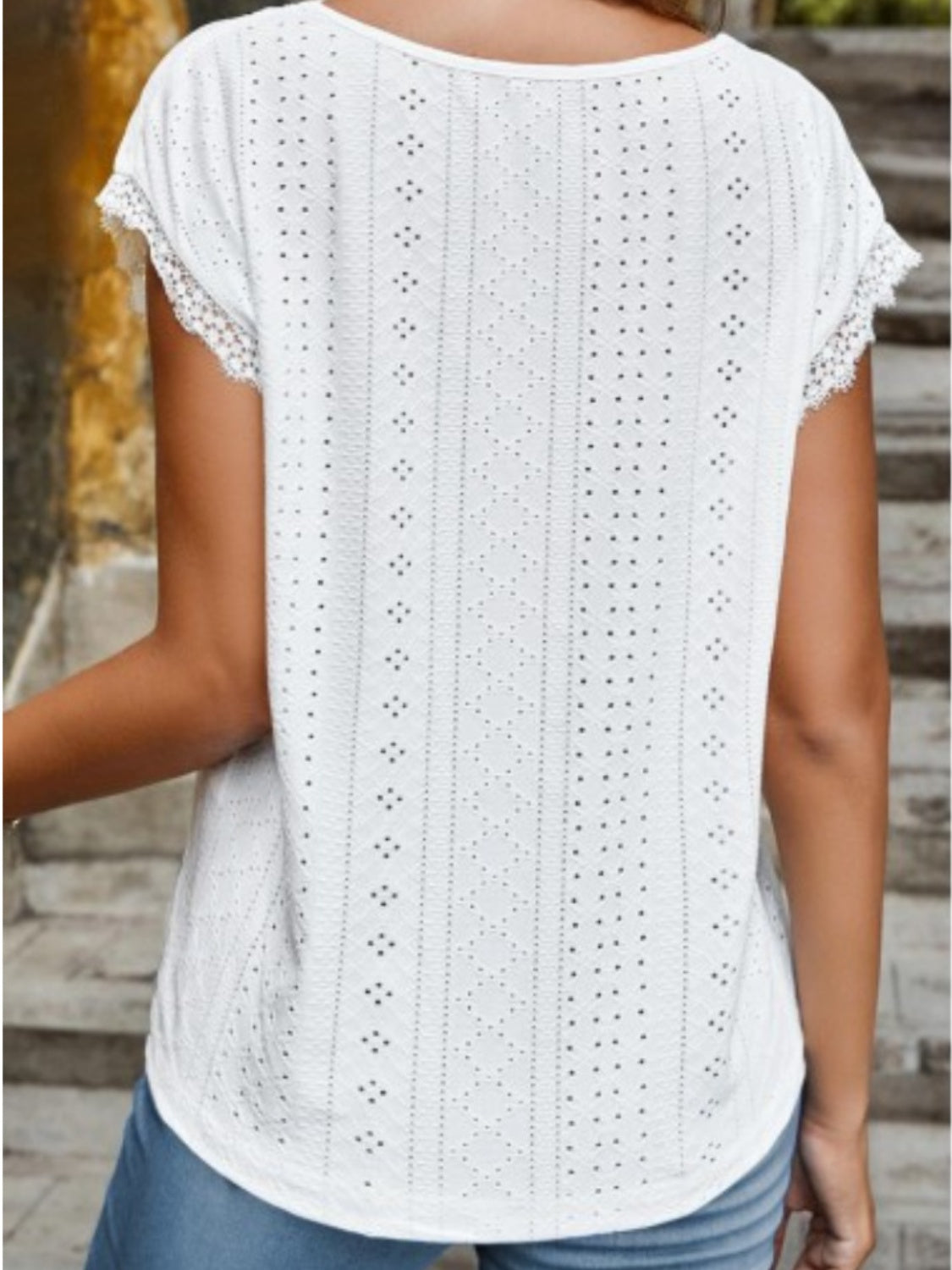 White V Neck Short Sleeve Shirt Women's Fashion Casual Eyelet V-Neck Cap Sleeve Blouse