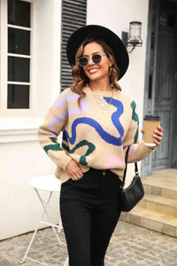 Womens Fashion Sweater Printed Round Neck Dropped Shoulder Pullover Long Sleeve Top