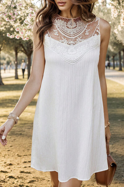 White Lace Detail Round Neck Lace Detail Sleeveless Dress