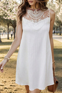 White Lace Detail Round Neck Lace Detail Sleeveless Dress