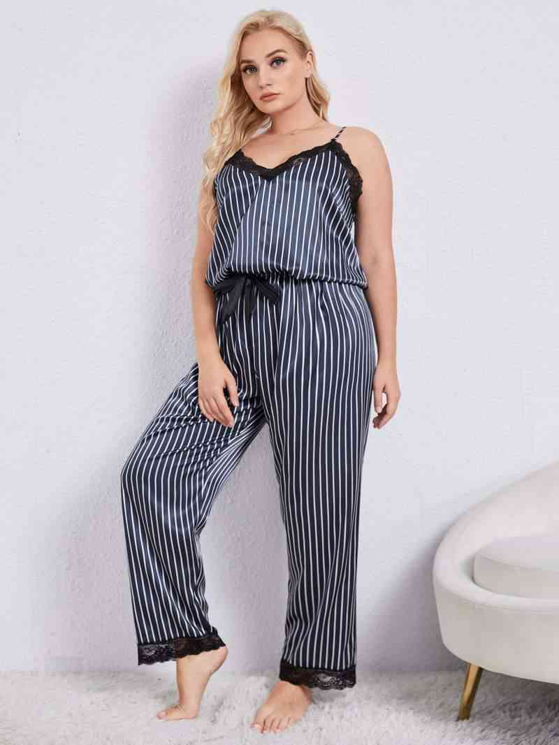 100% Satin Pajamas Plus Size Vertical Stripe Lace Trim Cami and Pants Pajama Set Luxury