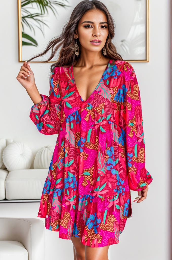 Long Sleeve V Neck Ruffle Short Dress Women's Fashion Printed Balloon Sleeve Mini Dress