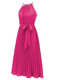 Pleated Spaghetti Strap Tie Waist Midi Dress New womens fashion Party dresses