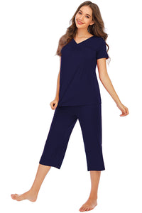 Pajama Set Women's V-Neck Short Sleeve Top and Pants Lounge Set