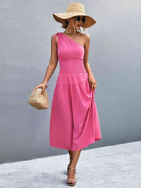 Women's Casual Maxi Dress Asymmetrical One Shoulder Smocked Waist Midi Dress