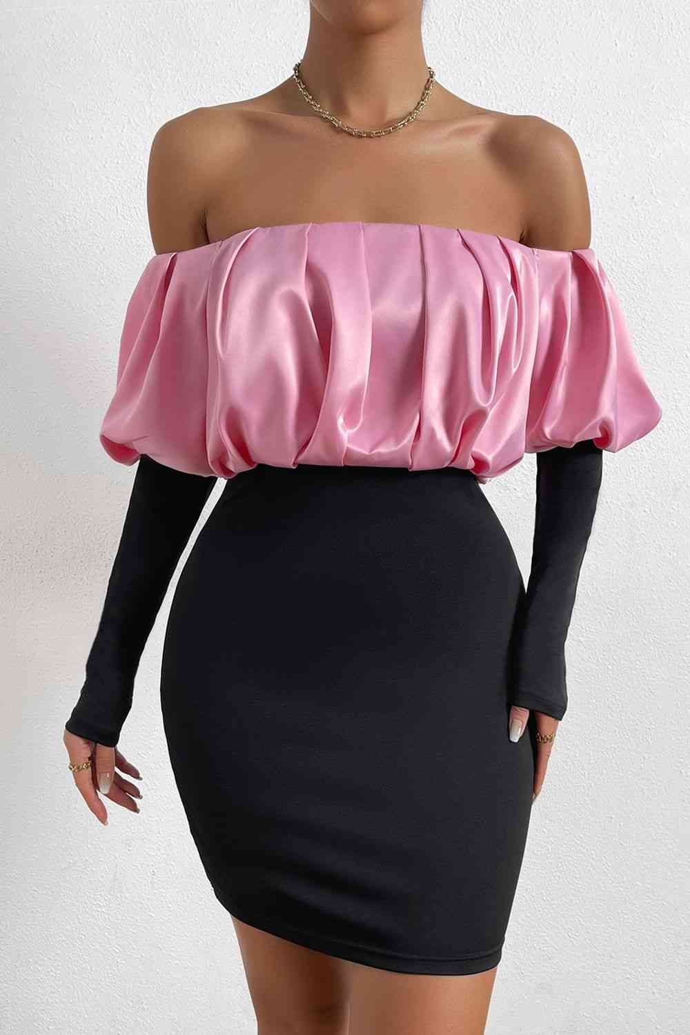 Off-Shoulder Puff Sleeve Mini Pin and Black Long Sleeve Sexy Party Evening Pencil Dress