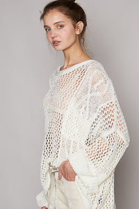 White Crochet Openwork Long Sleeve Knit Cover Up