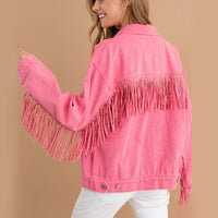 Fringe Denim Jacket Detail Dropped Shoulder Pink Shacket