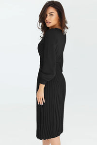 Womens Casual Dress Round Neck Long Sleeve Pleated Sweater Midi long Dress