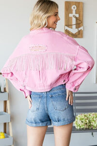 Pink Denim Jacket Fringe Distressed Button Up Light Coat 100% Cotton Fashion