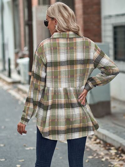 Plaid Button Up Dropped Shoulder Long Sleeve Shirt