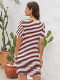 Casual Shirt Dress Women's Fashion Cutout Striped Round Neck Short Sleeve Dress