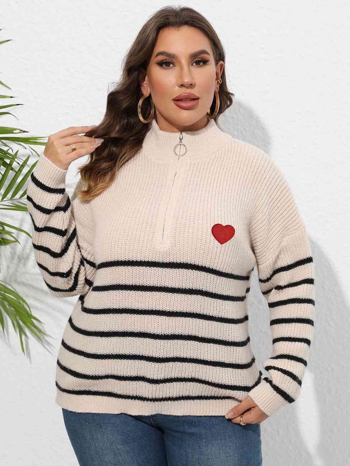 Plus Size Zip-Up Striped Sweater with heart print