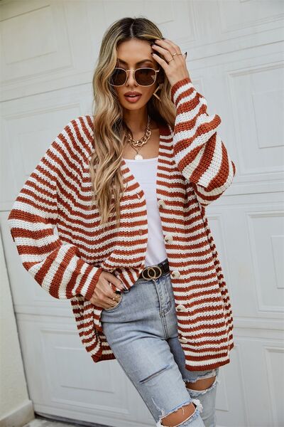 Striped Button Up Long Sleeve Cardigan Women’s Open Sweater