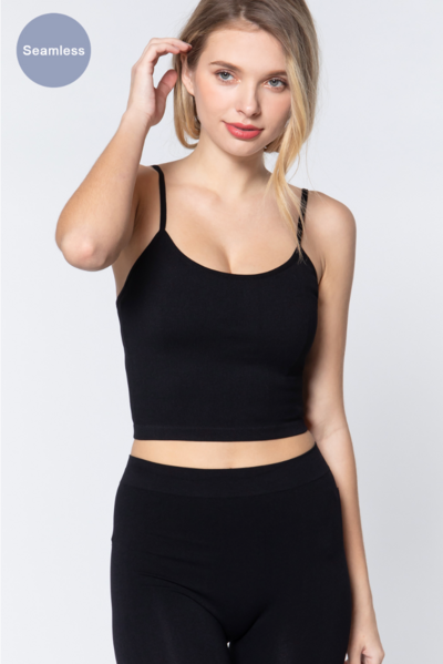 Women's Spaghetti Sleeve Shirt Round Neck Crop Rib Seamless Cami Premium Luxury Tank Top