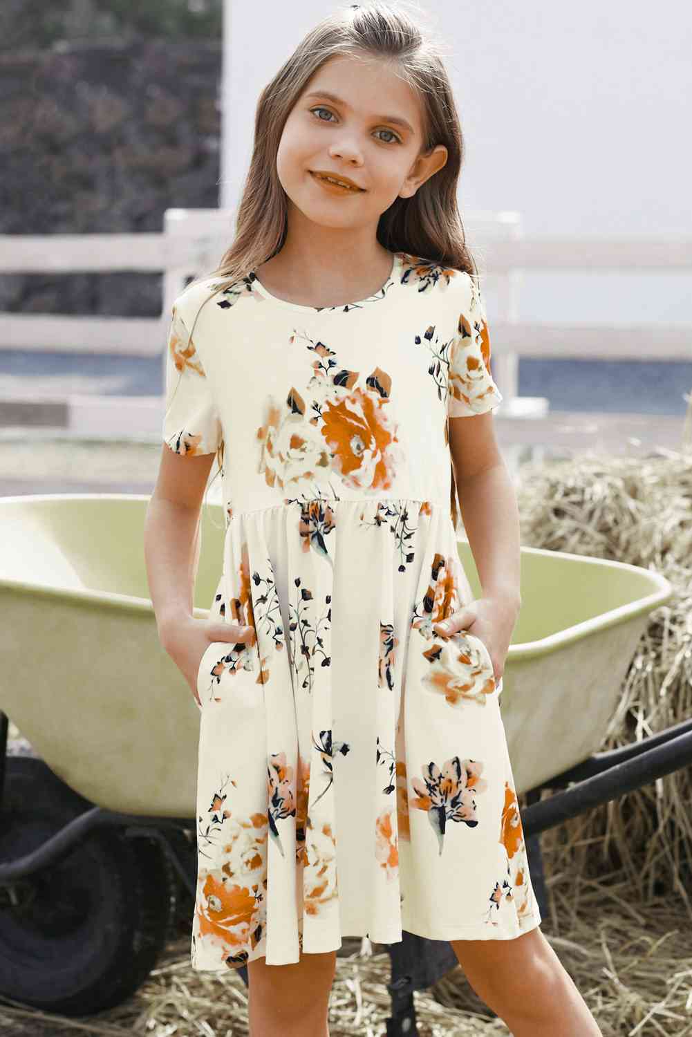 Girls Floral Short Sleeve Round Neck Dress Kids Fashion Clothing