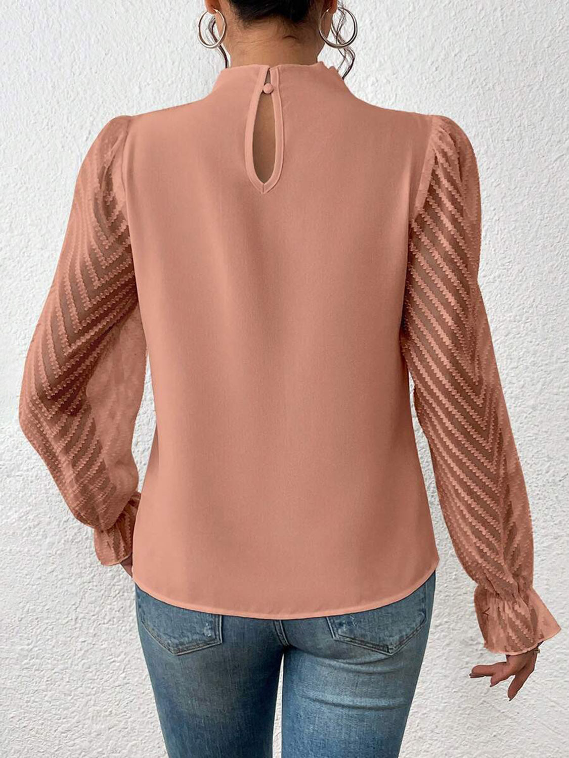 Mock Neck Flounce Fashionable Sheer Sleeve Blouse