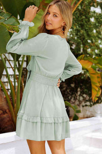 Womens Vacation Tied Plunge Smocked Waist Flounce Sleeve Dress