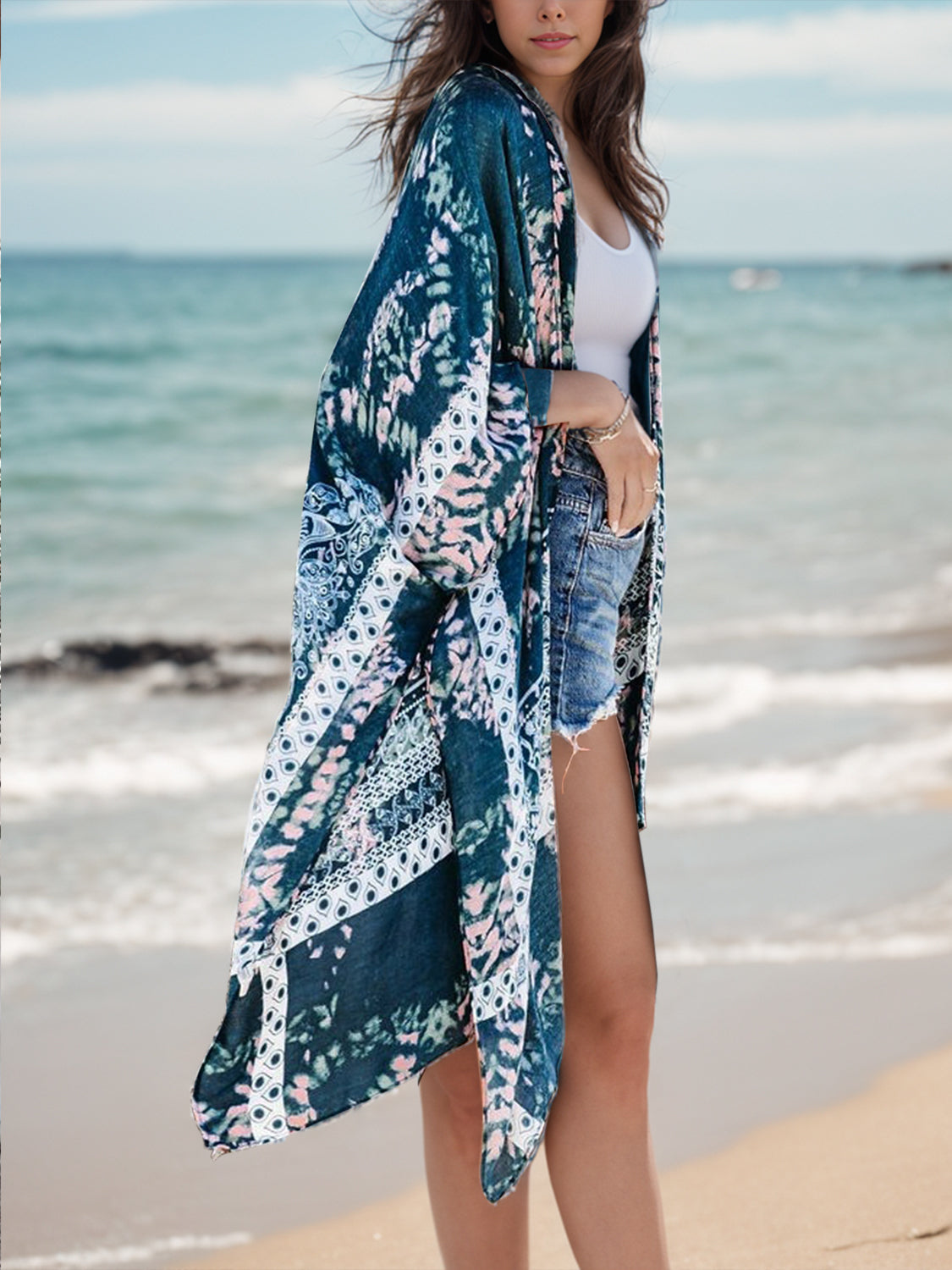 Swimsuit  Cover-Up Printed Open Front Cover-Up and Fashion Kimono