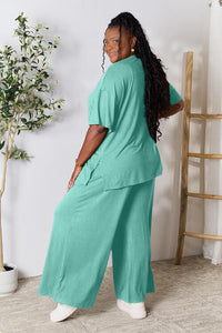 Double Take Full Size Round Neck Slit Top and Pants Set Loungewear T shirt and bottoms included