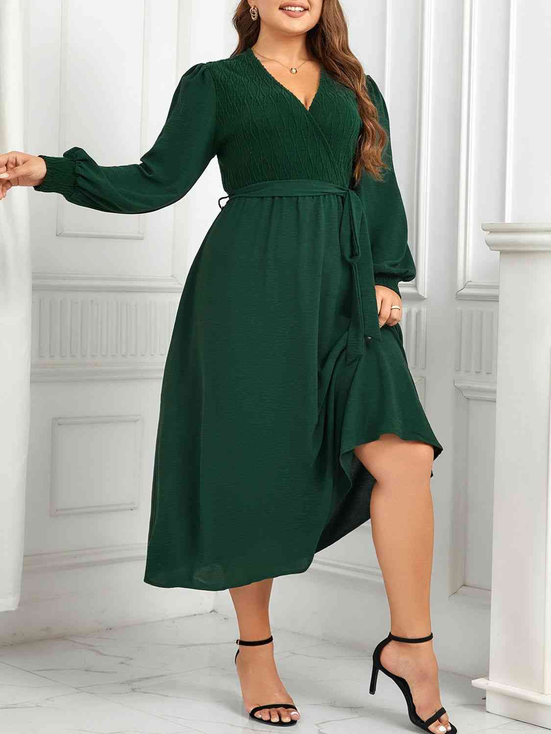 Plus Size Dress Green Surplice Neck Tie Waist Long Sleeve Midi Dress Casual Wear and Workwear