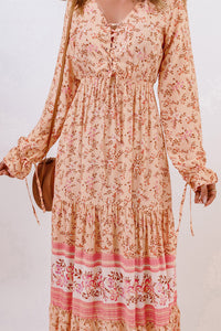 Bohemian Lace-Up Long Sleeve Maxi Dress