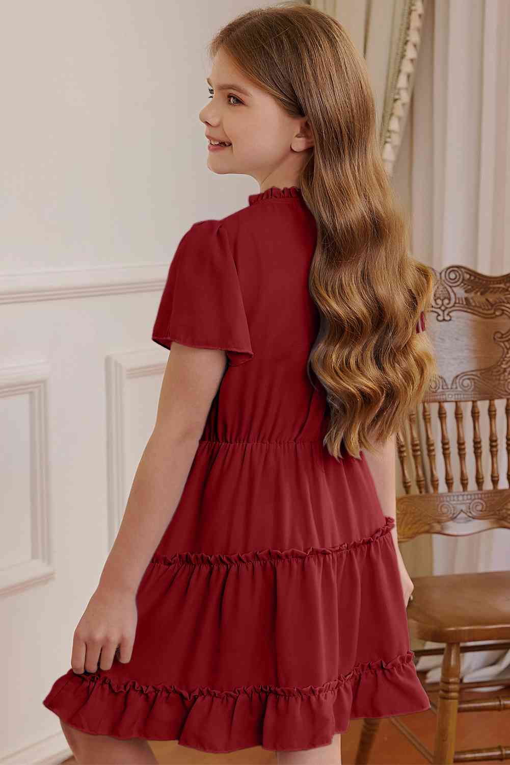 Girls Frilled Notched Neck Puff Sleeve Dress Kids Fashion and Clothing