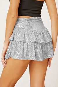 Sequin Layered Mini Skirt, ladies fashion sparkly ruffle short skirt